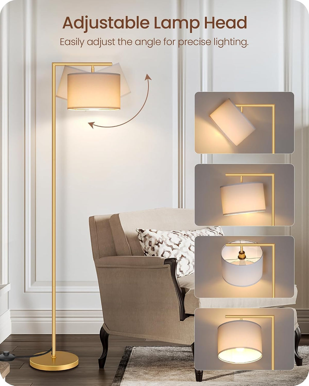 Goebleson Gold Dimmable Floor Lamp, Modern Arc Lamp with Remote, Standing Corner Light with Lampshade, Tall Reading Lighting for Bedroom, L…