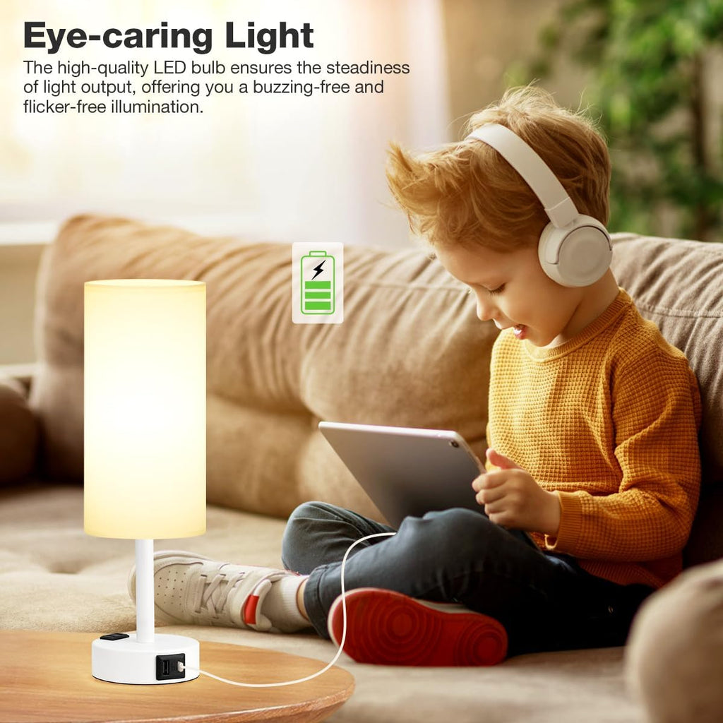 Fenmzee Matte White Bedside Table Lamp for Bedroom - 3 Way Dimmable Touch Lamp USB C Charging Ports and AC Outlet, Small Lamp Round…