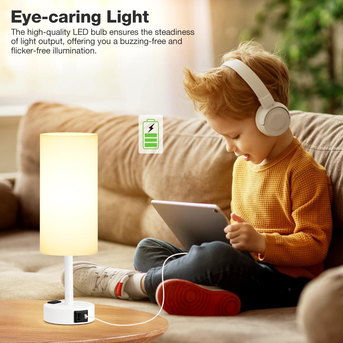 Fenmzee Matte White Bedside Table Lamp for Bedroom - 3 Way Dimmable Touch Lamp USB C Charging Ports and AC Outlet, Small Lamp Round…