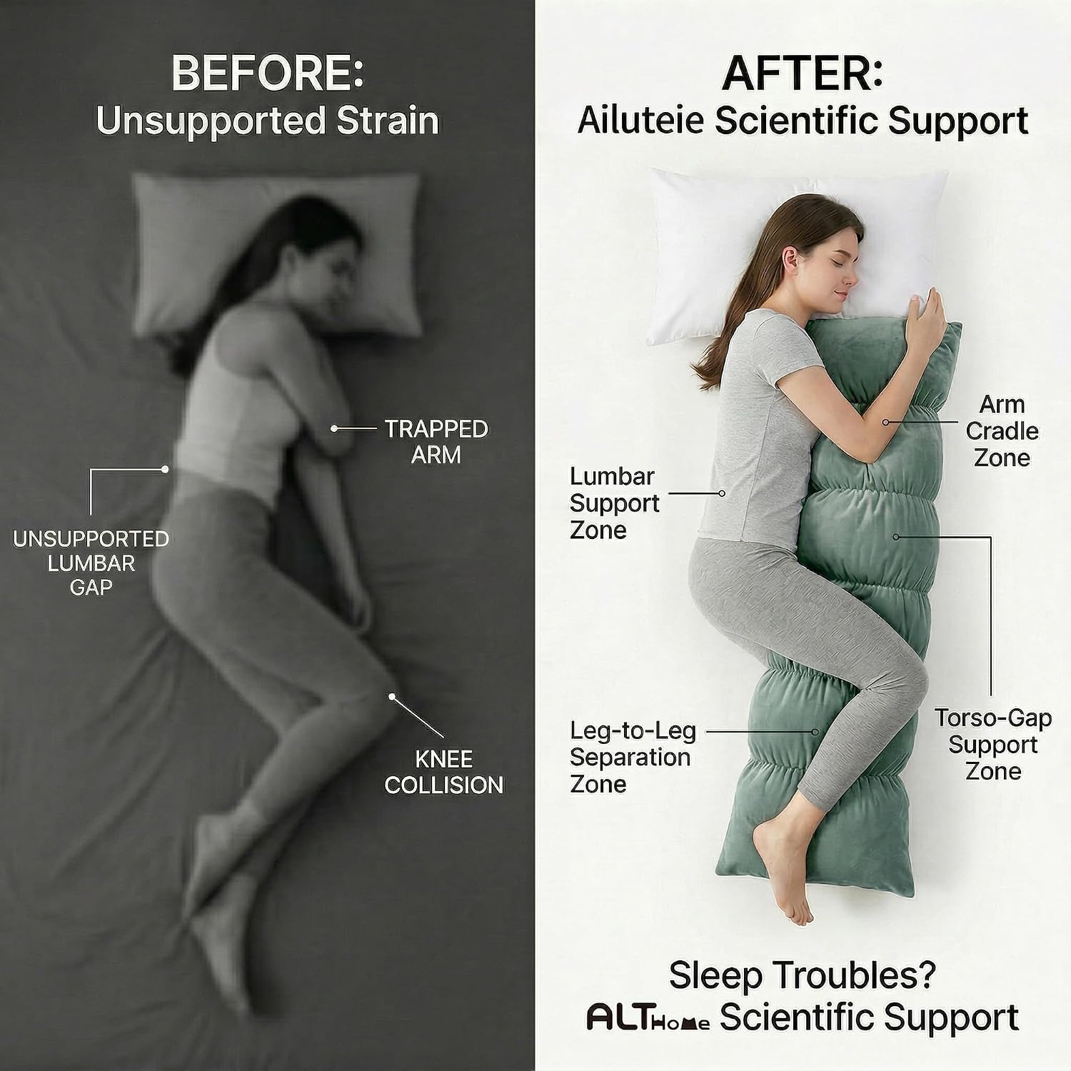 Ailuteie Pat. Pend. Side Sleeper Body Pillow, Long Bed Pillow with Segmented Design and Soft Velvet Washable Pillowcase for Side Sleeping (…