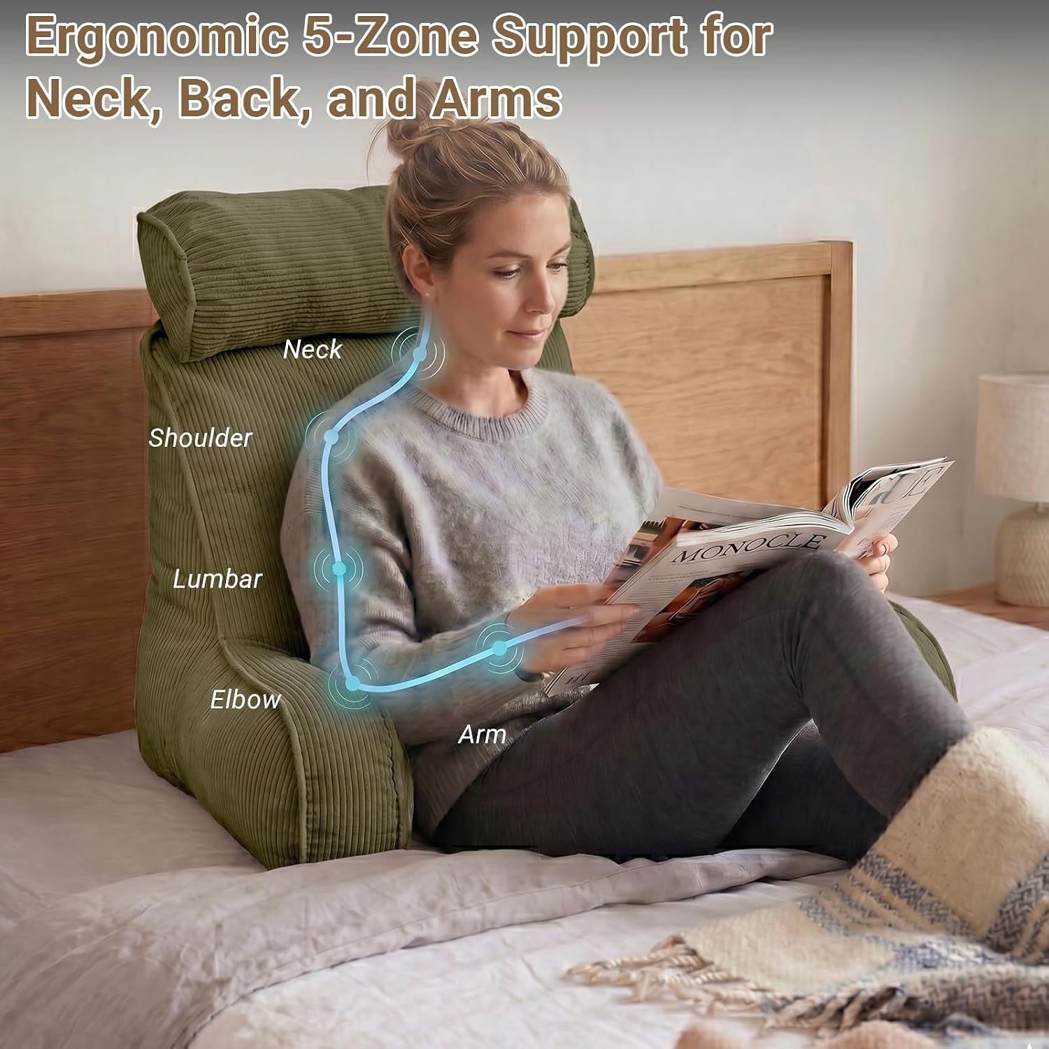 Reading Pillow for Bed with Detachable Neck Roll and Shredded Memory Foam, Back Pillow with Arms for Sitting Up, Washable Bed Rest Pillow…