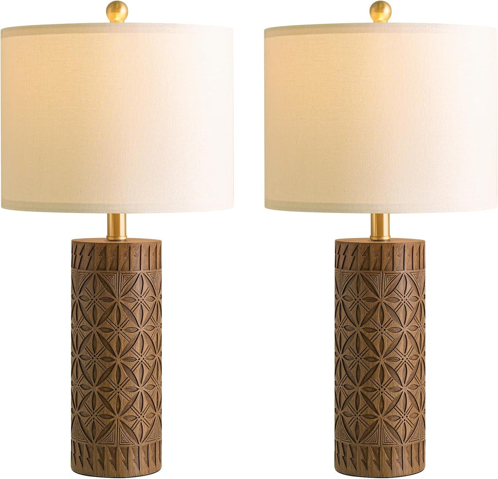 BOBOMOMO 24.25" Modern Farmhouse Table Lamps Set of 2, Geometric Wood Grain Resin Bedside Lamps for Nightstand, Rustic Lamps for Living…