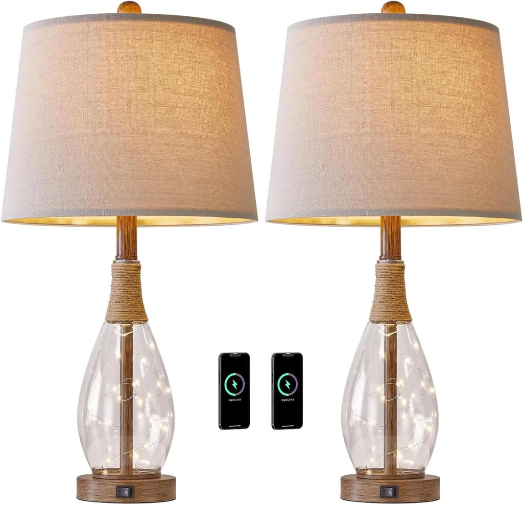 OYEARS Bedside Table Lamps Set of 2 with USB, Modern Bedside Lamps Retro Farmhouse Rattan Glass Nightstand Nightlight Lamps for Bedroom…