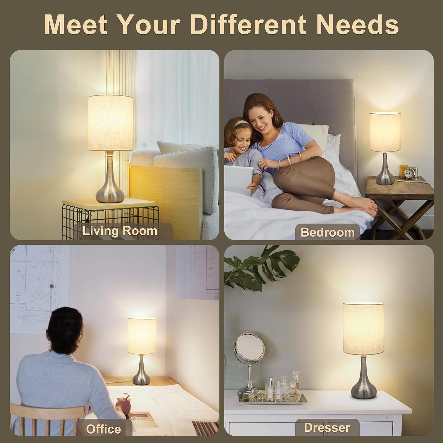 Touch Control Table Lamp, 3 Way Dimmable Simple Night Light Lamp with White Lampshade Silver Metal Base, Small Bedside Table Lamp for…
