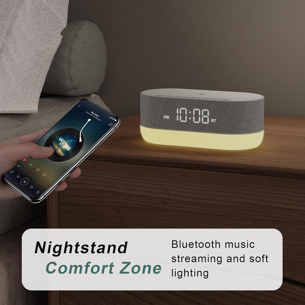 HOUSBAY 3 in 1 Sound Machine Alarm Clock& Wireless Charger: Soothing White Noise, Bluetooth Music Relaxation & Customized Sleep-Wake Routine