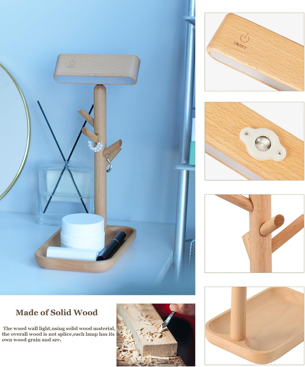 Wooden Table Lamp, Tree Trunk Rechargeable LED Desk Lamp with Organizer and Magnetic 360° Rotating Night Light for Bedside, Dorm Room or…