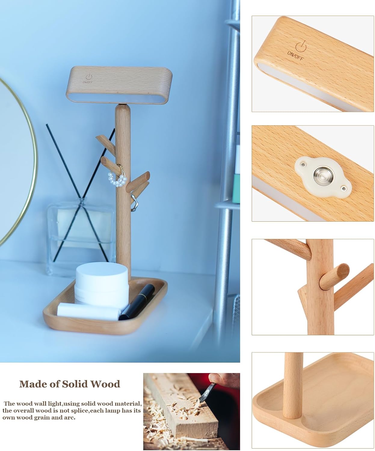Wooden Table Lamp, Tree Trunk Rechargeable LED Desk Lamp with Organizer and Magnetic 360° Rotating Night Light for Bedside, Dorm Room or…