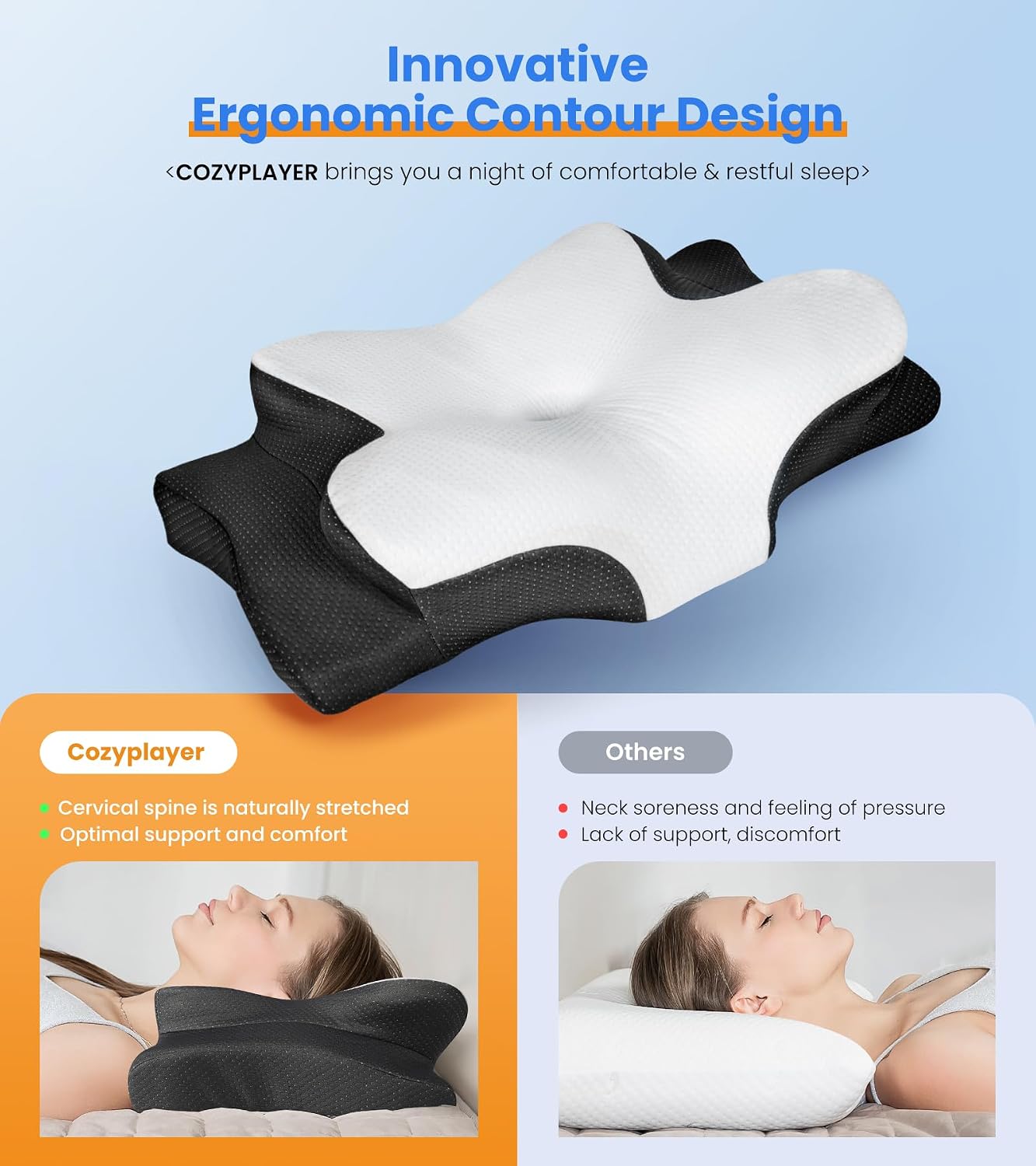 Cozyplayer Ultra Cooling Pillow for Neck Support, Adjustable Cervical Neck Pillow Cozy Sleeping, Odorless Ergonomic Contour Memory Foam Pil…