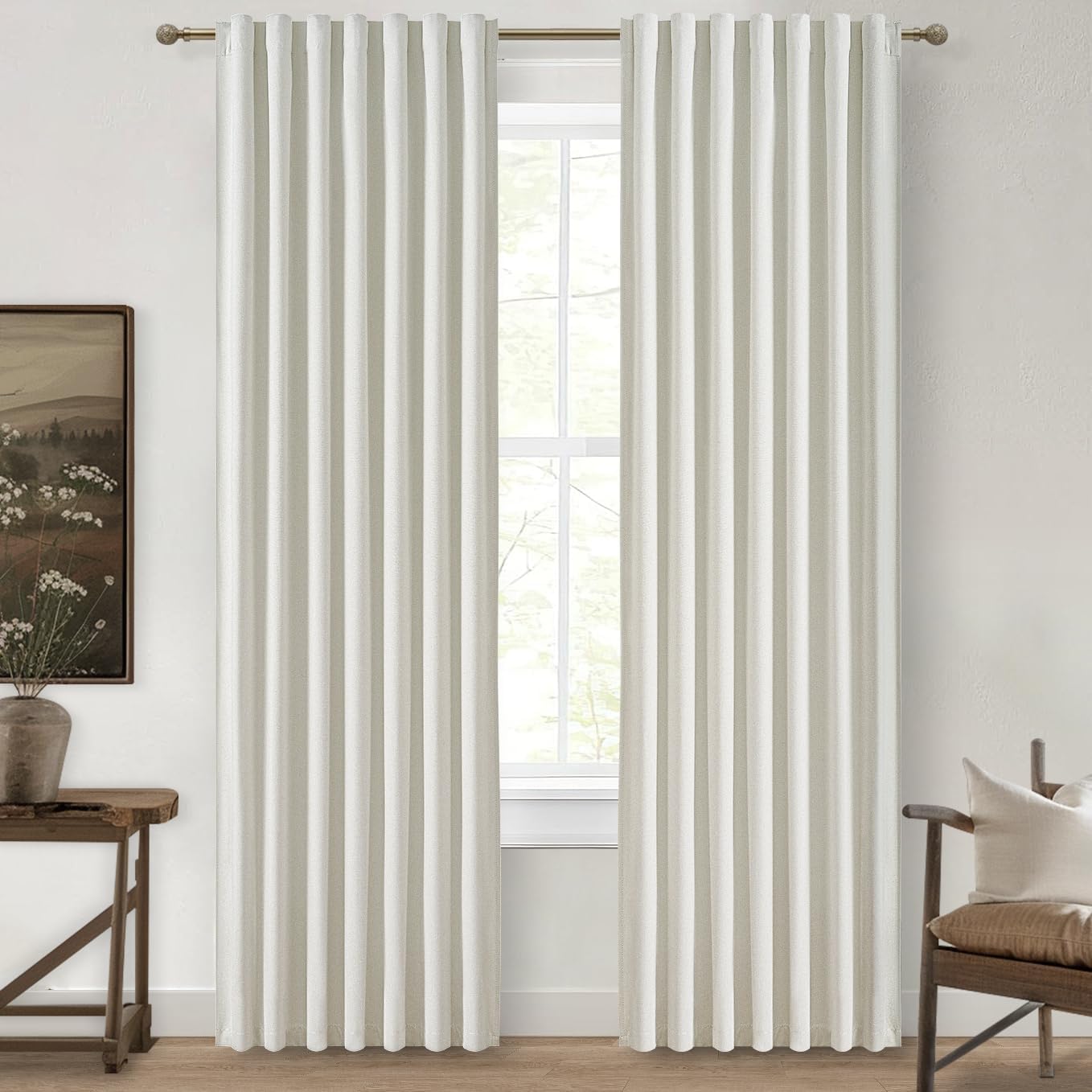 Qjmydeco Beige White Linen Curtains 90 Inches Long 2 Panels Set, Modern Neutral Nursery Blackout Curtains for Kids Bedroom Thermal Drapes f…