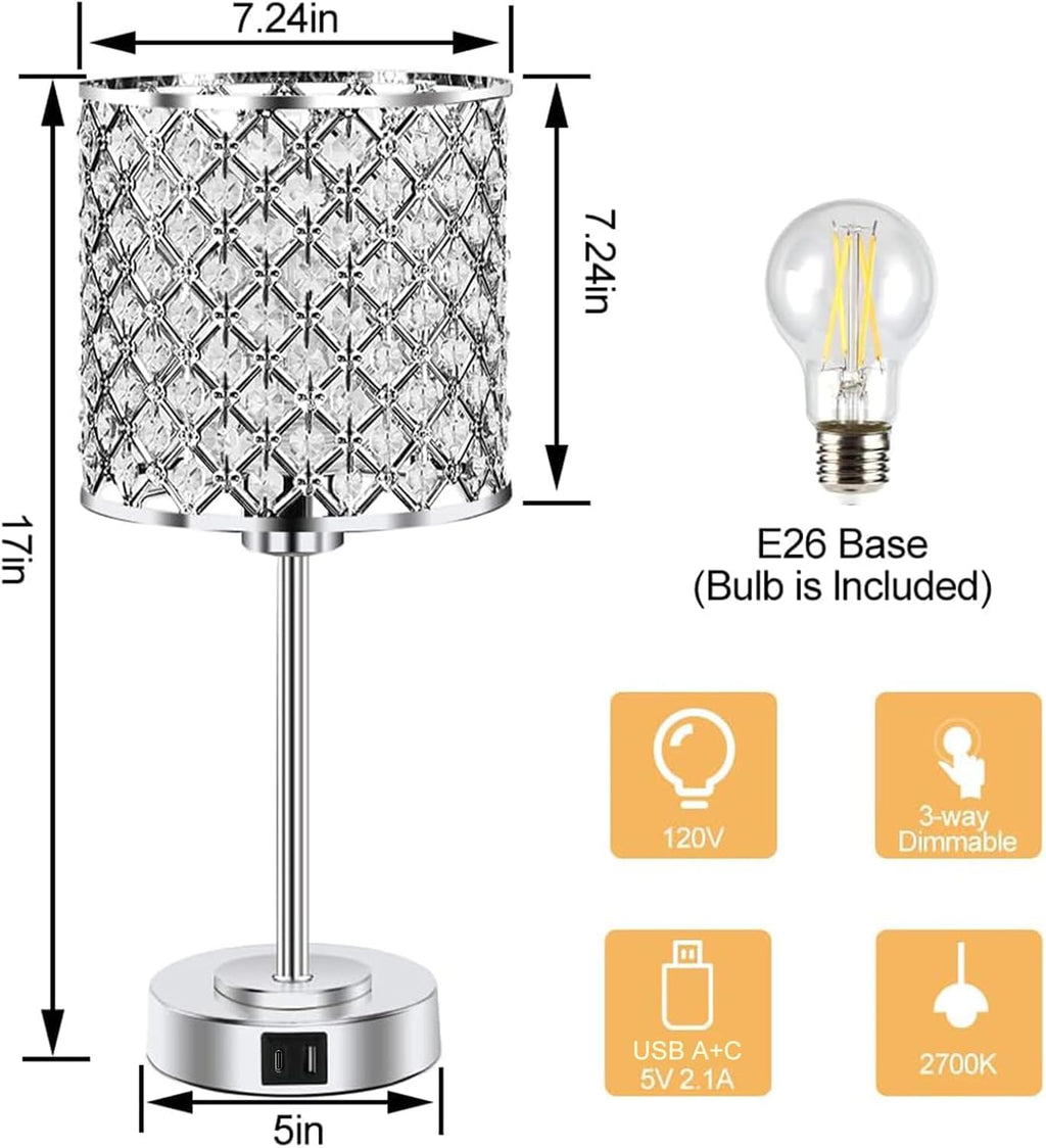 Crystal Table Bedside Lamp Touch Control, Dimmable Small Nightstand Lamp Set of 2 with USB-C+A Charging Ports, Decorative Silver Tabletop…