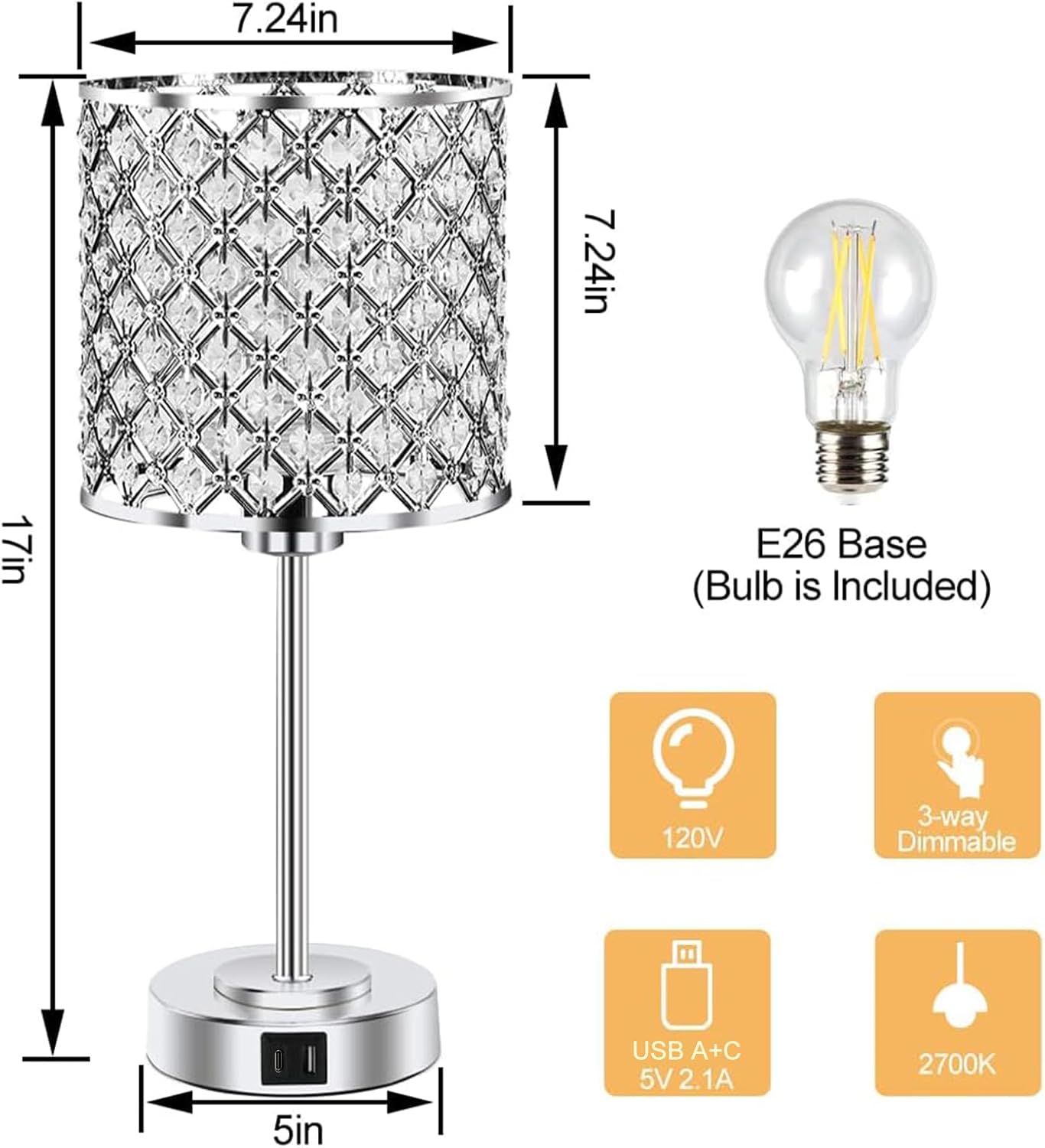 Crystal Table Bedside Lamp Touch Control, Dimmable Small Nightstand Lamp Set of 2 with USB-C+A Charging Ports, Decorative Silver Tabletop…