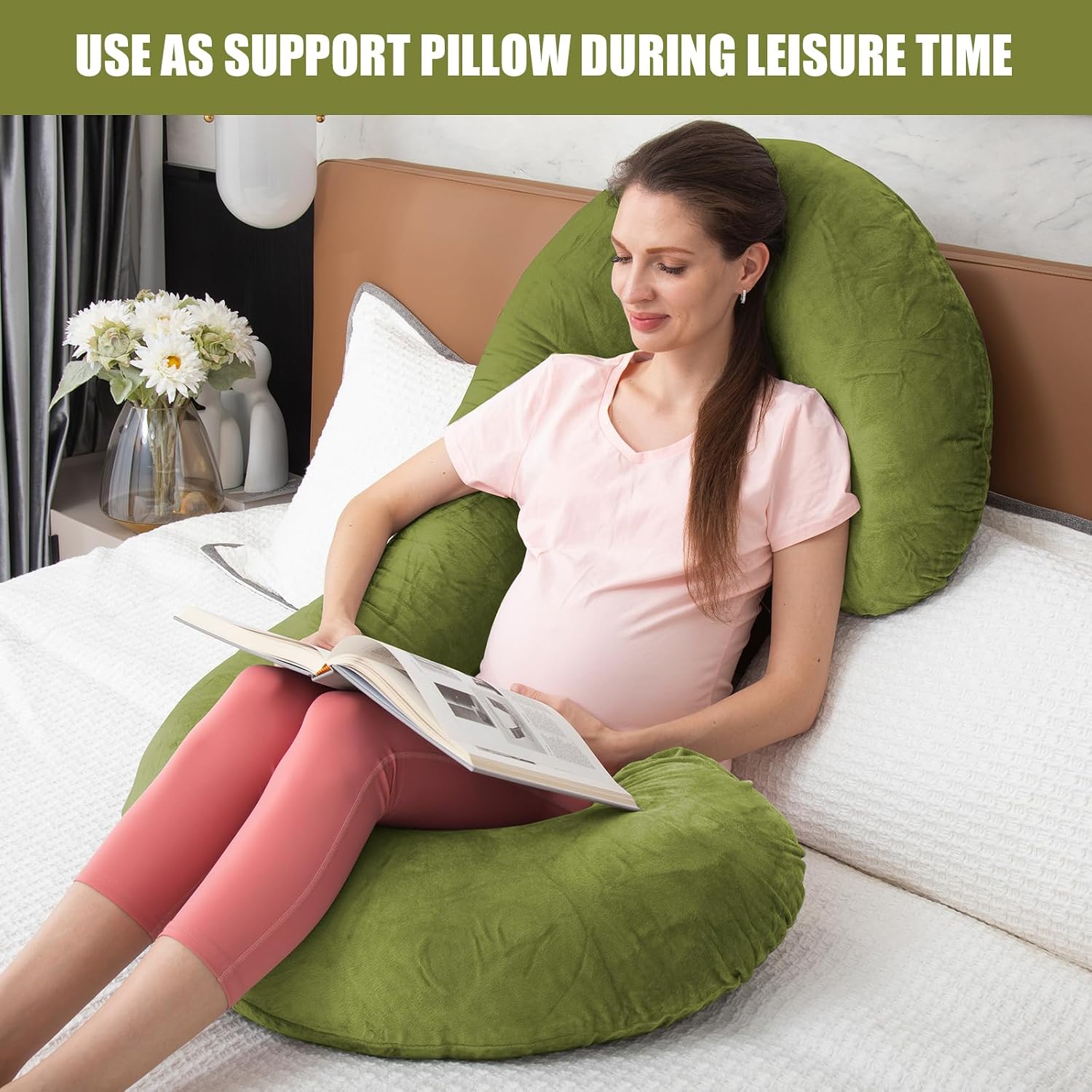 1 MIDDLE ONE Pregnancy Pillow, C Shaped Full Body Pregnant Women Sleeping Pillow for Maternity Support with Cover (Green)
