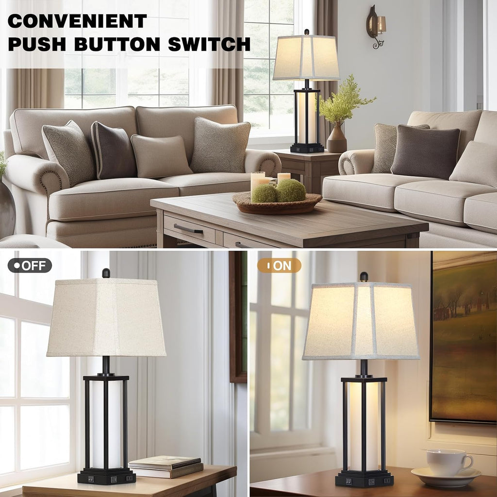 Cinkeda 27" Tall Vintage Table Lamp Set of 2 with USB C+A & Outlet, Black Industrial End Table Lamp for Living Room, Farmhouse Rustic…