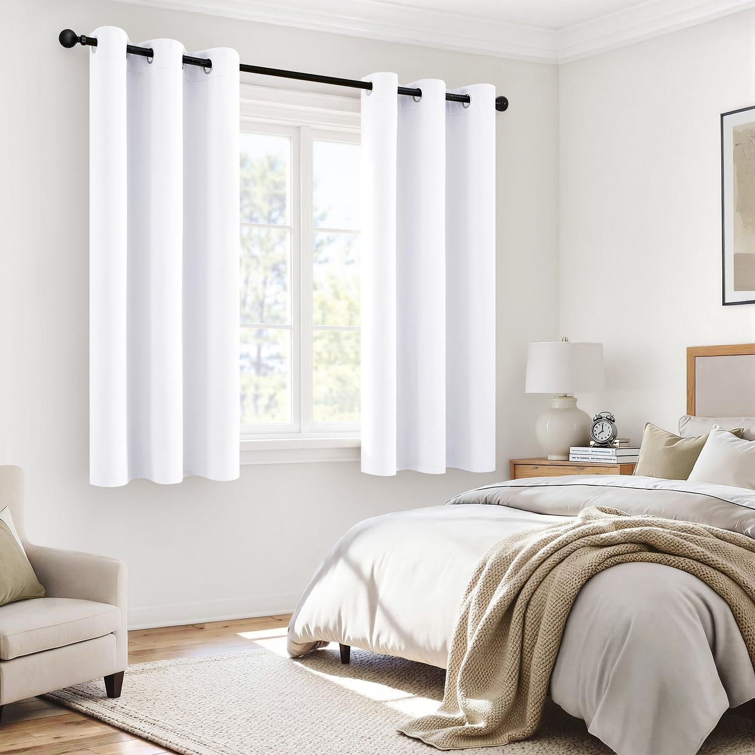 Miulee White 100% Blackout Curtains for Bedroom 54 Inch Length, 2 Thick Layers Thermal Insulated Short Window Curtains with Black Liner, No…