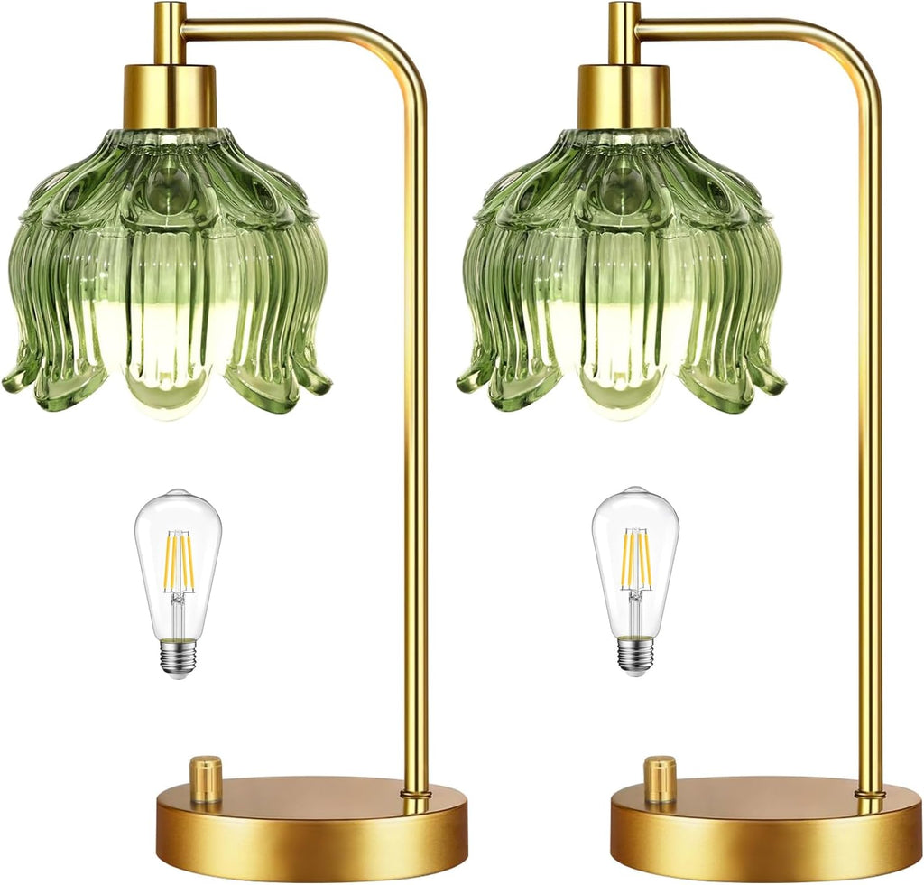 ILLMTW Glass Table Lamp Set of 2, Small Gold Bedside Lamps Dimmable Boho Bedroom Lamp with Tulip Flower Green Lamp Shade, Vintage Mid…