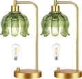 ILLMTW Glass Table Lamp Set of 2, Small Gold Bedside Lamps Dimmable Boho Bedroom Lamp with Tulip Flower Green Lamp Shade, Vintage Mid…