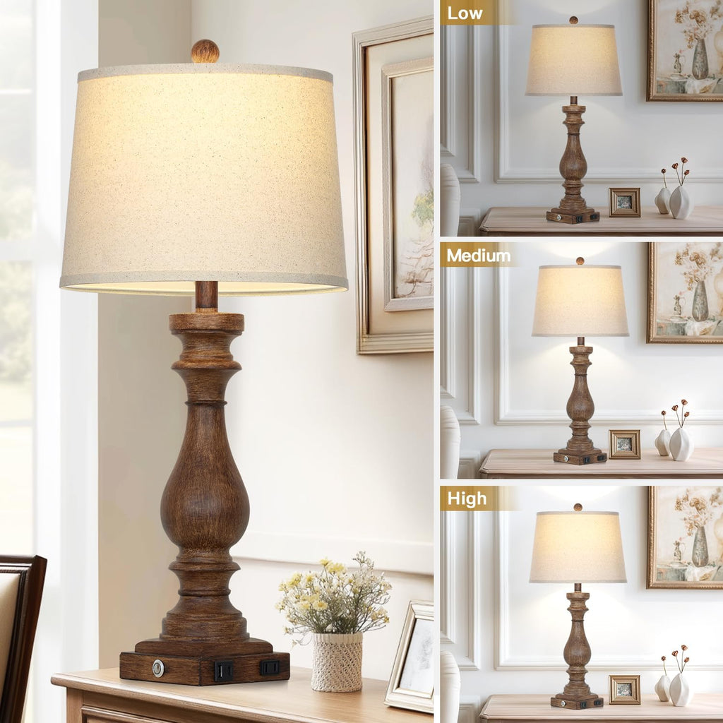 Cinkeda 29" Tall Farmhouse Table Lamp for Living Room Set of 2, Vintage Retro Nightstand Lamps with USB C+A Ports & AC Outlet,3-Way…