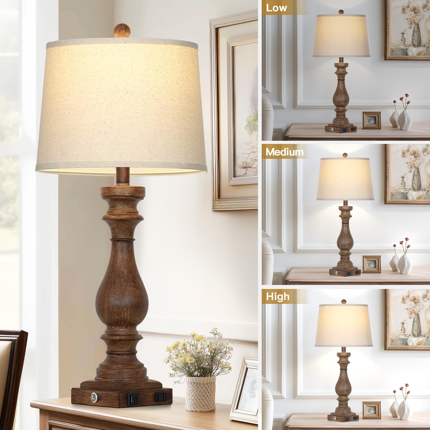 Cinkeda 29" Tall Farmhouse Table Lamp for Living Room Set of 2, Vintage Retro Nightstand Lamps with USB C+A Ports & AC Outlet,3-Way…