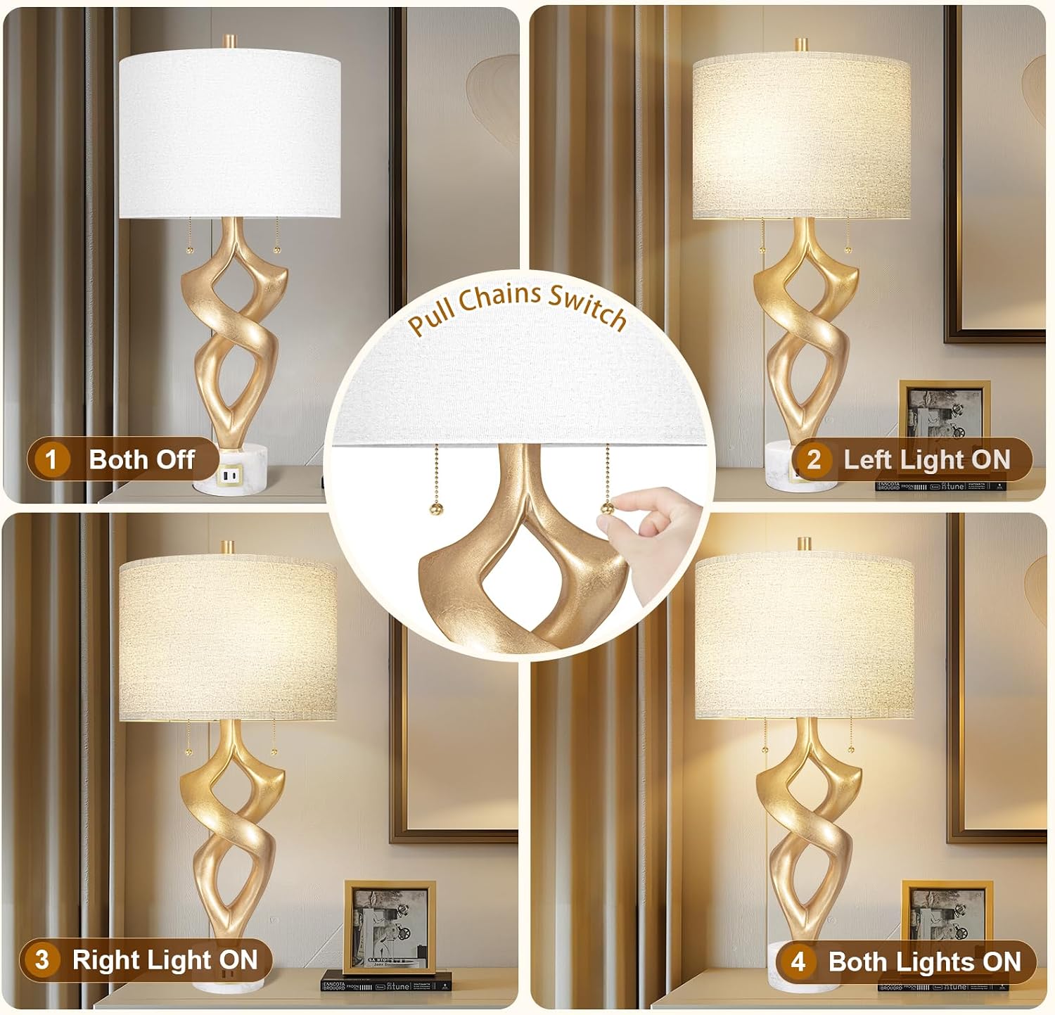 Scenekoy Sculptural Resin Table Lamp Set of 2 with USB Ports for Bedroom Living Room, 31” Big Gold Leaf Marble Base Bedside Lamps, Pull…