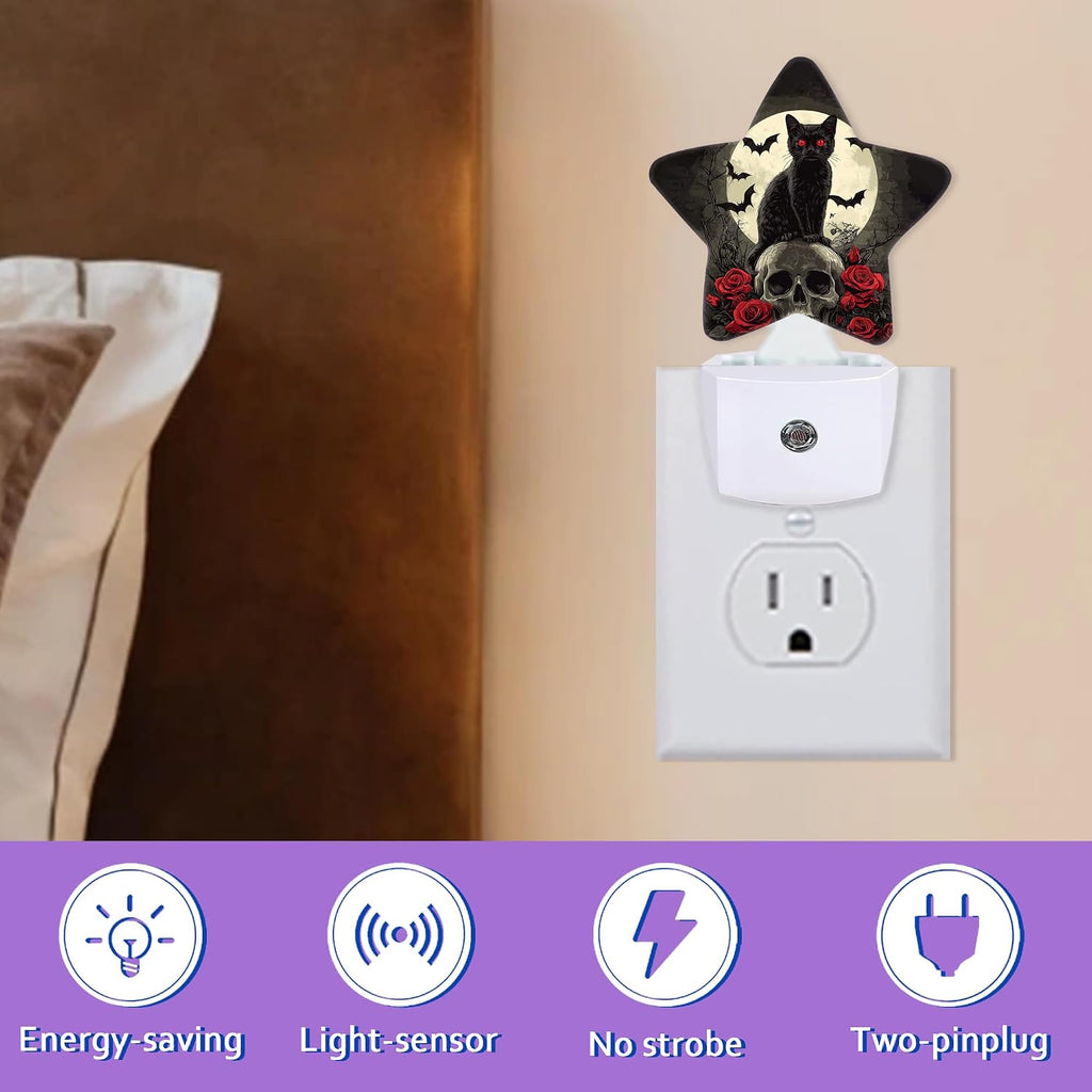 Gothic Black Cat Night Light for Kids, Halloween Skull Bat Rose Flower Night Lights Plug Into Wall, Lightweight Dusk To Dawn Light Sensor…
