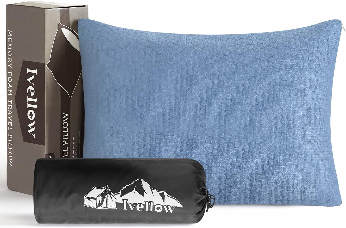 Ivellow Memory Foam Travel Pillow Compressible Camping Pillow for Sleeping Shredded Memory Foam Pillow Compact Firm Supportive Travel Pillo…