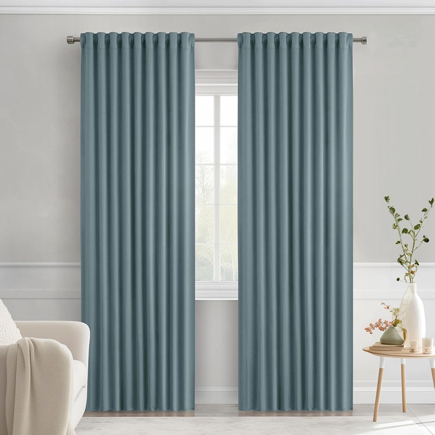 Miulee Greyish Blue Back Tab Blackout Curtains 72 Inches Long 2 Panels Set for Living Room Bedroom Privacy, Rod Pocket/Pinch Pleat Thermal…