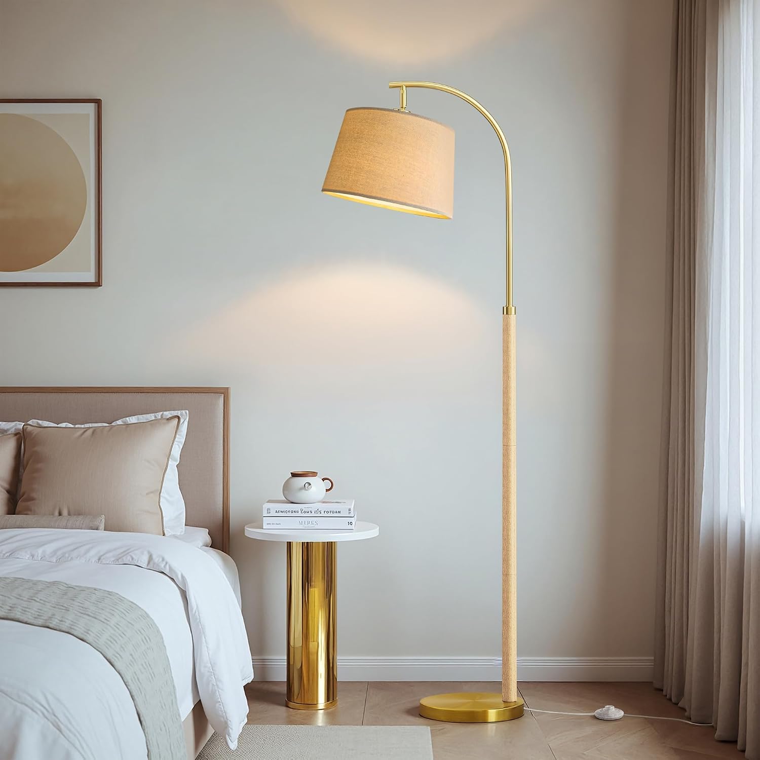 G-SAFAVA 63" Wood Floor Lamps for Living Room with Foot Switch Arc Tall Standing Lamp for Bedroom Mid Century Modern Corner Gold Floor…