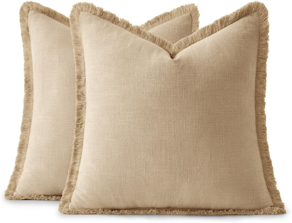 Anroduo Set of 2 Decorative Throw Pillow Covers 18×18 Inch Soft Linen Fringe Farmhouse Boho Vintage Cushion Covers with Tassels Accent Pill…