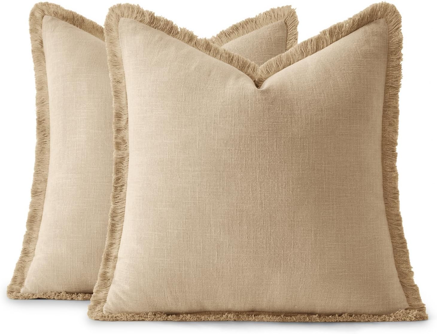 Anroduo Set of 2 Decorative Throw Pillow Covers 18×18 Inch Soft Linen Fringe Farmhouse Boho Vintage Cushion Covers with Tassels Accent Pill…