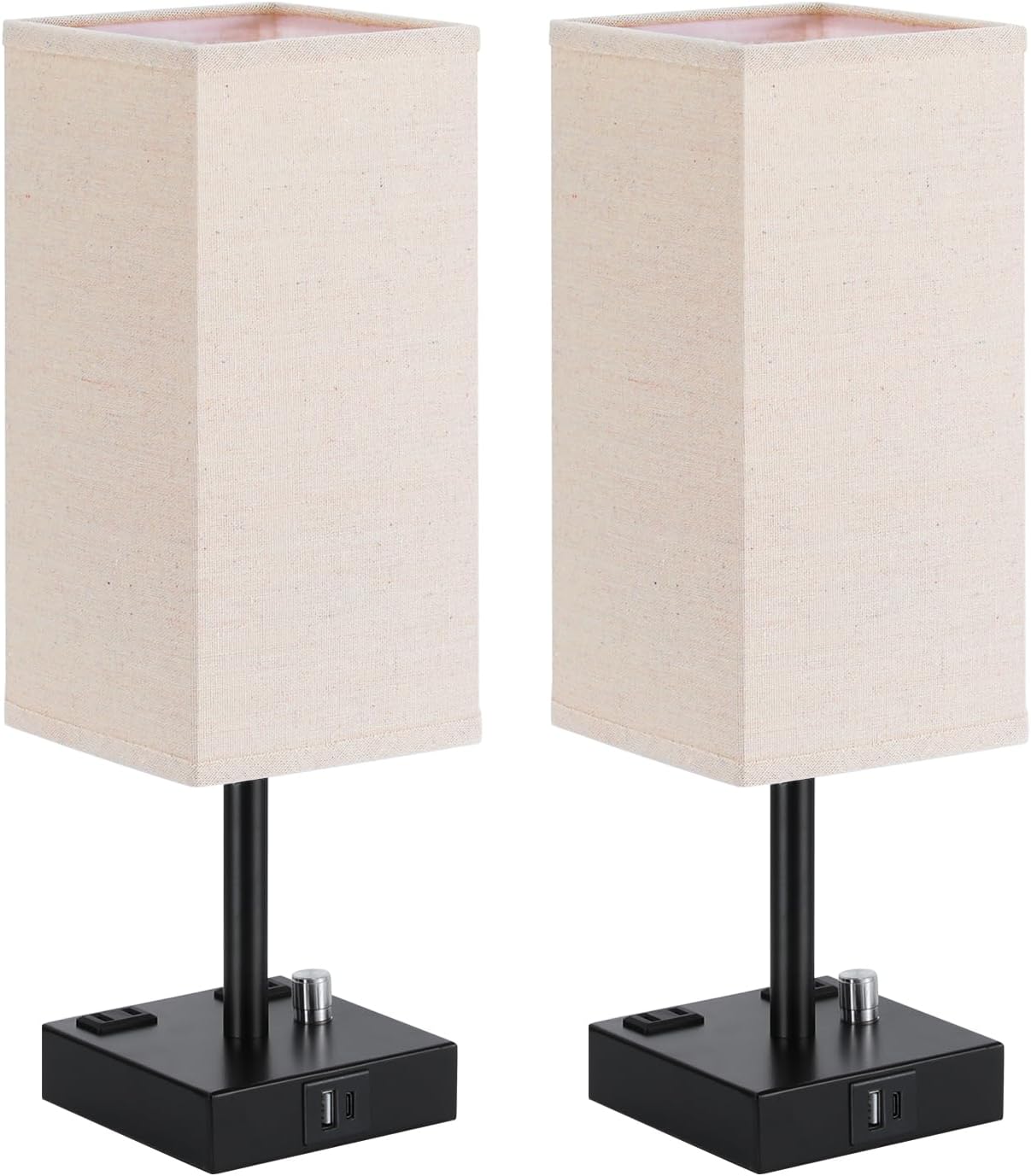 aooshine Fully Dimmable Nightstand Lamps Set of 2 - Table Bedside Lamp with USB C+A Charging Ports & 2 AC Outlets, Square Lamp Sets Linen…
