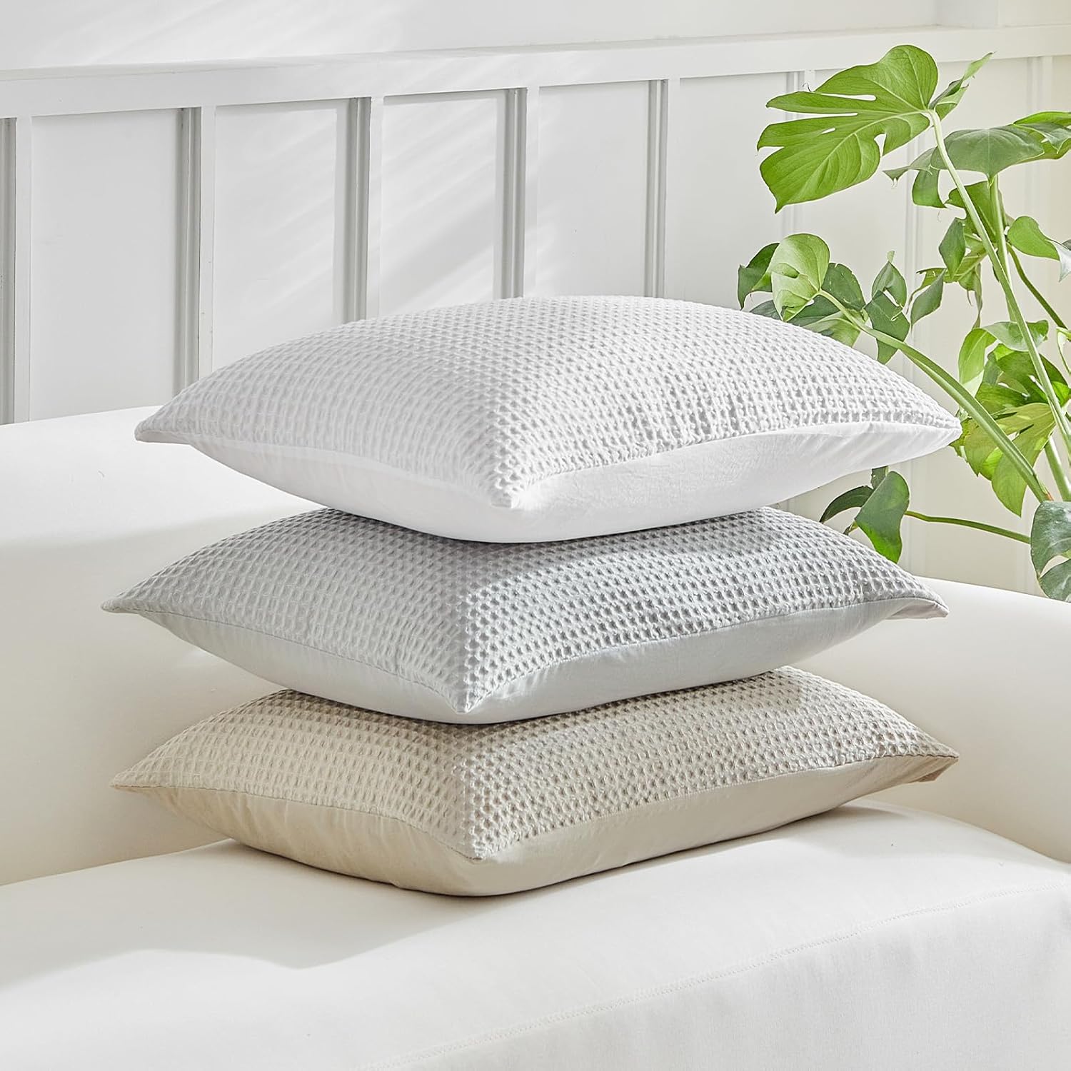 Warmdern Waffle Weave Pillowcases Queen Size 2 Pack Pillow Cases Soft Microfiber Pillow Case Covers Set of 2 Boho Woven Textured Pillowcase…