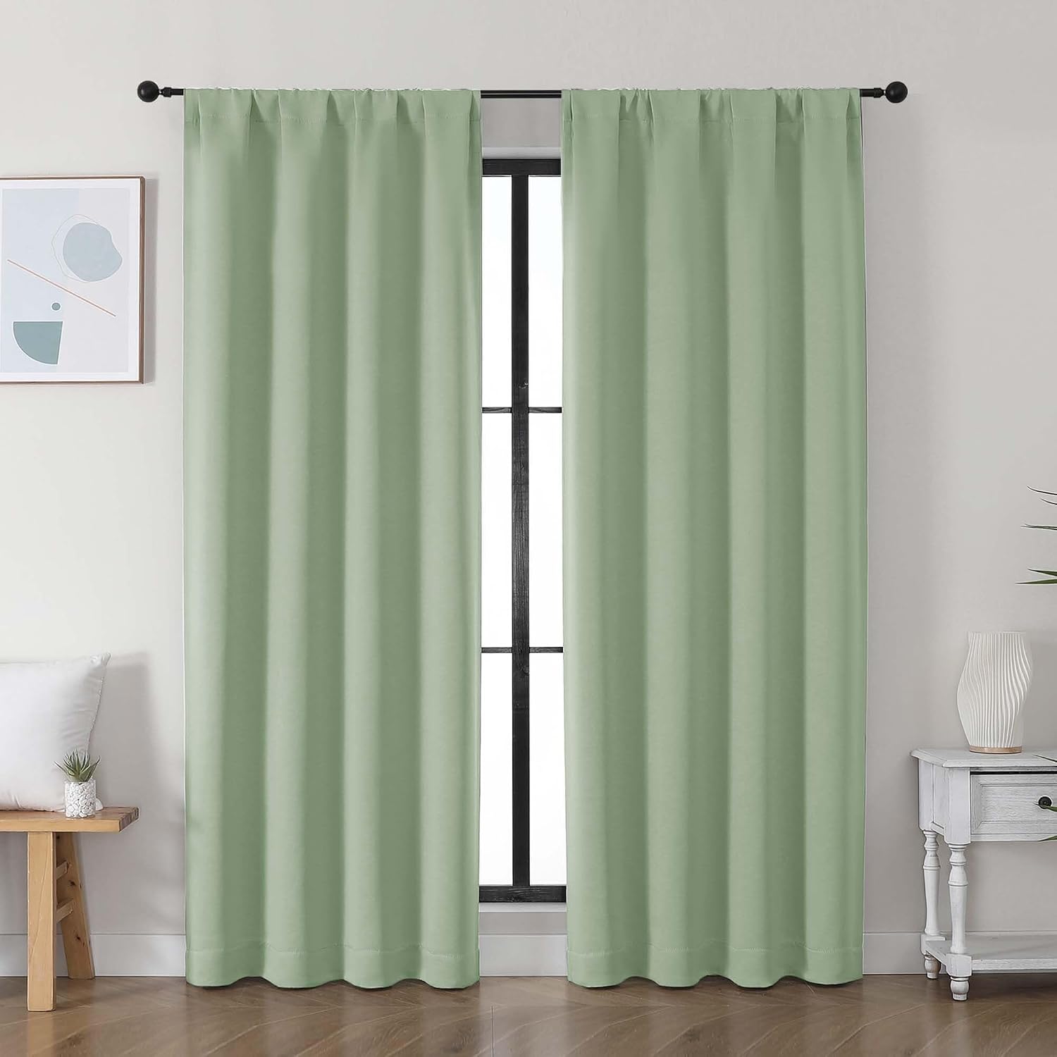 Simplebrand Ava Light Green Blackout Curtains for Bedroom 72 Inch Length 2 Panels Set, Privacy Thermal Insulated Rod Pocket Door Window Cur…