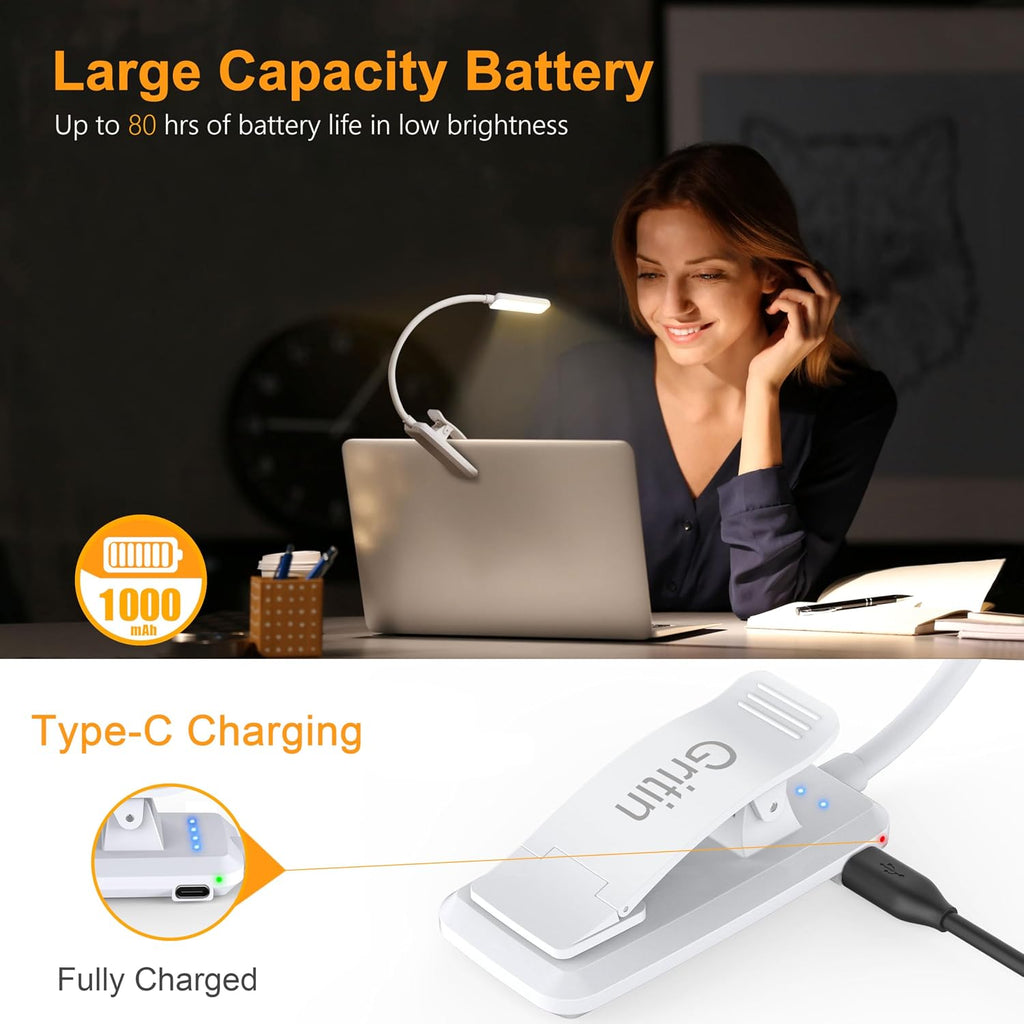 Gritin 9 LED Rechargeable Book Light for Reading in Bed -Eye Caring 3 Color Temperatures, Stepless Dimming Brightness,80 Hrs Runtime Small…