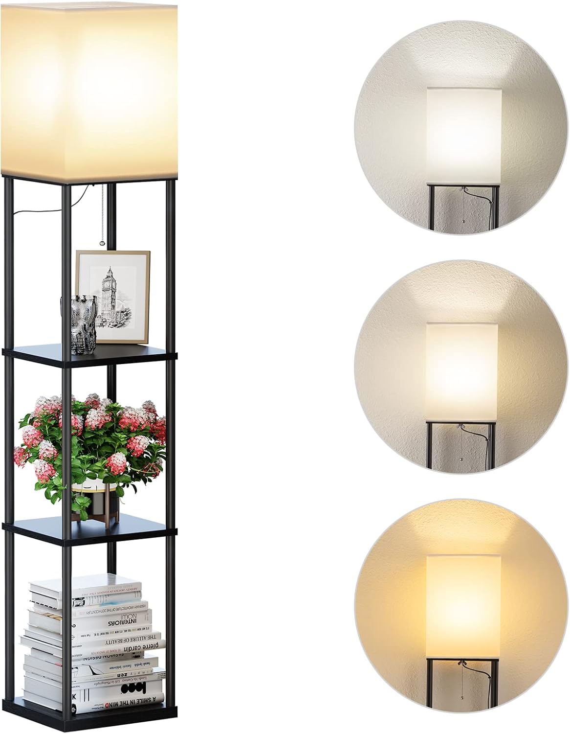 SUNMORY Floor Lamp with Shelves, Modern Square Standing Lamp with 3 Color Temperature Bulb, Corner Display Bookshelf Lamp for Living Room…