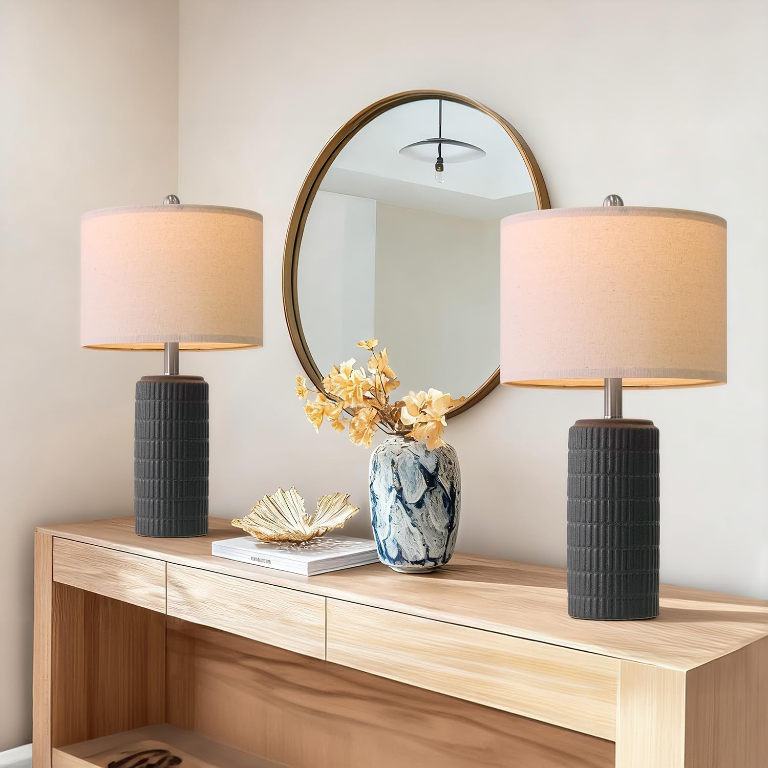 PoKat 23" Matte-Textured Ceramic Table Lamps Set of 2 for Bedroom, Stone-Like Modern Bedside Lamps for Night Stands, Farmhouse Nightstand…