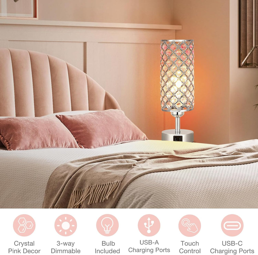 Hong-in Crystal Table Lamp, Pink Touch Lamp with USB C+A Ports, 3 Way Dimmable Bedroom Light with Crystal Shade, Bedside Nightstand Small…