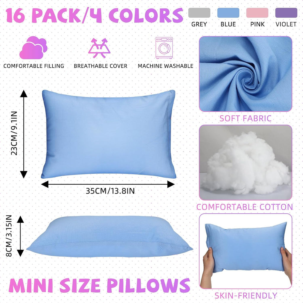 Kigley 16 Pcs Mini Pillow 14" x 9" Small Pillows for Sleeping Daycare Travel Nap Time Neck Lumbar(Light Colors) 16 Pcs 9 inches blue