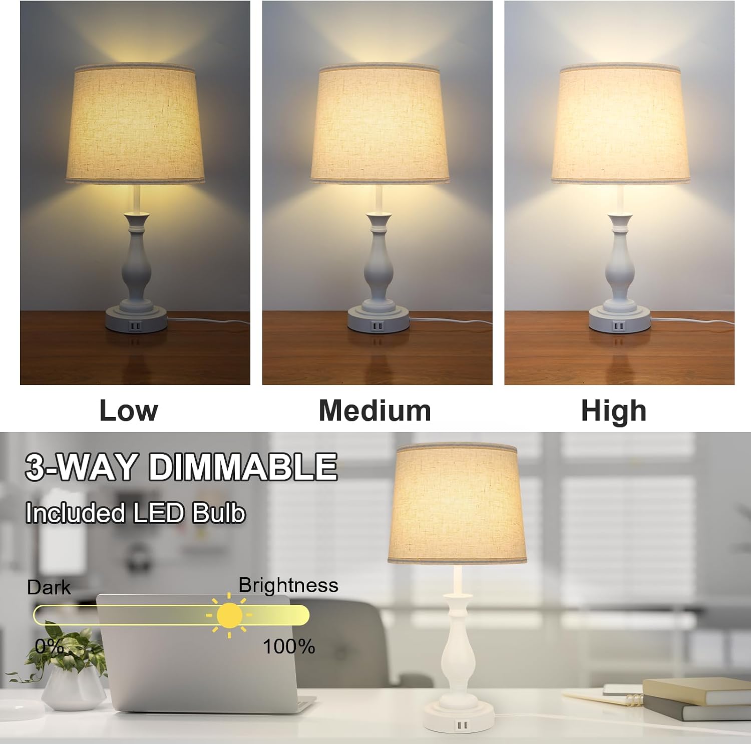 LALISU Farmhouse Table Lamp Touch Control 3-Way Dimmable Table Lamp, Modern Nightstand Lamp with 2 USB Port Bedside Desk Lamp with Fabric…