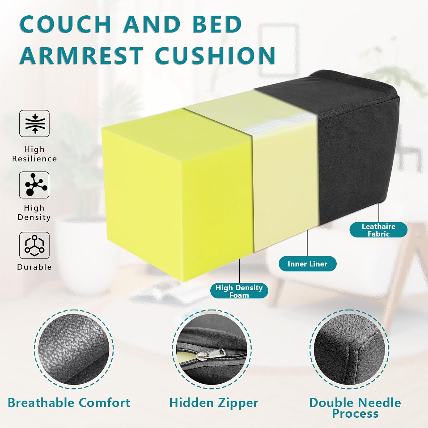 MMuteTouch 2 Pack Couch Arm Rest Pillow, 8''x8''x20'' Faux Leather Waterproof Cover, High Density Foam Armrest Cushion, Removable & Washabl…
