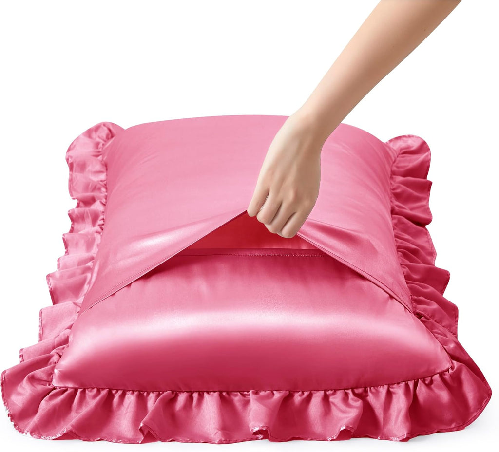 HommxJF Silky Satin Ruffled Pillow Cases for Hair and Skin, Peach Red Silk Pillowcases Queen Set of 2 with Envelope Closure Princess Room De…