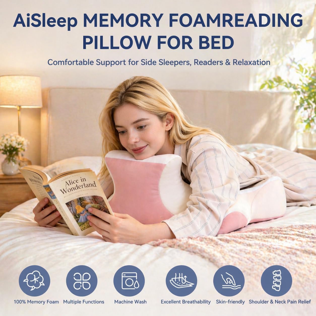 AiSleep Reading Pillow for Bed, Leaning, Lying and Prone, Memory Foam Bed Wedge Pillow for Headboard, Ergonomic Bed Wedge Pillow for Sleepi…
