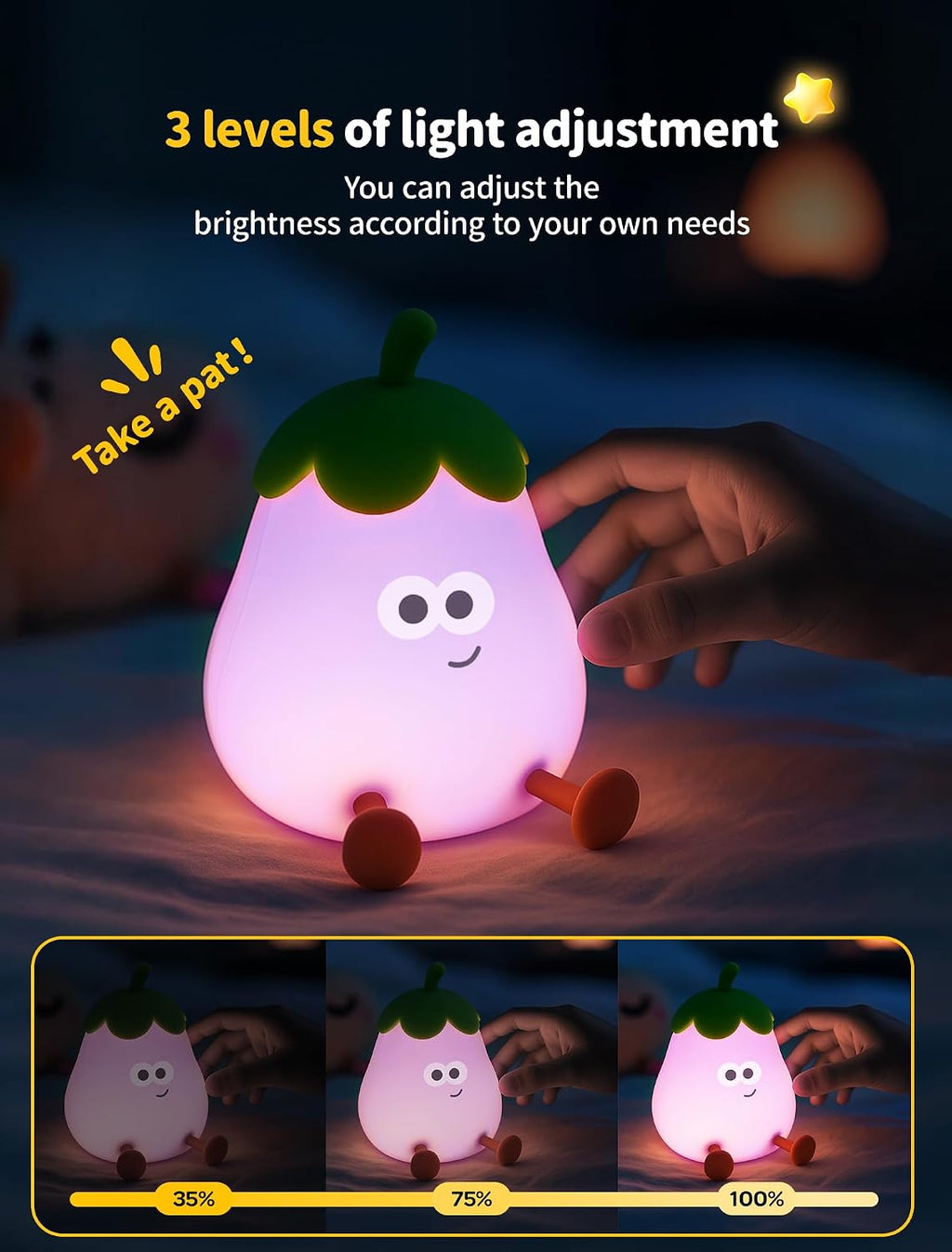 Eggplant Night Light for Kids, Cute Squishy Silicone Lamp, Rechargeable LED Nightlight, 3-Level Dimmable Bedside Lamp for Bedroom Kids…