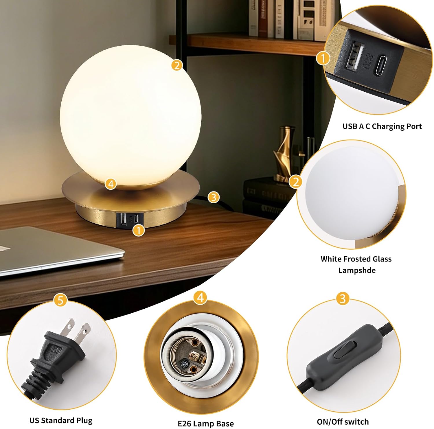 Touch Bedside Table Lamp, Brushed Gold Modern Small Nightstand Lamp for Bedroom Living Room Kids Room, Milky White Globe Glass Desk Lamp…
