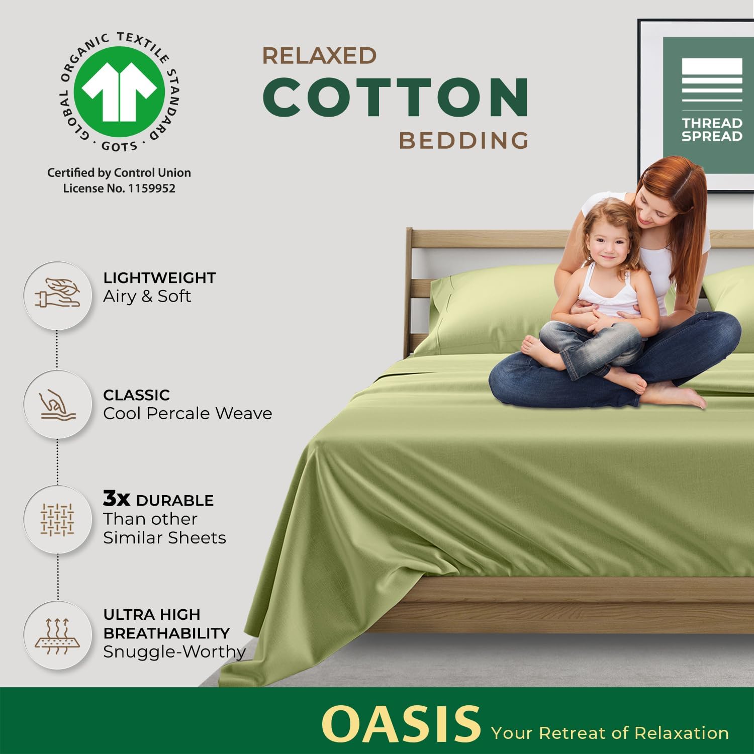 THREAD SPREAD 100% Organic Cotton Sheets Twin XL Size - 3 PC Organic Cotton Twin XL Percale Weave Sheet Set, Soft, Cooling, Crisp &…