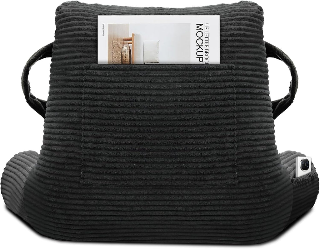 Reading Pillow for Sitting in Bed Adult, Bed Reading Pillow with Shredded Memory Foam, Back Pillow for Sitting with Arms and Pockets, Black