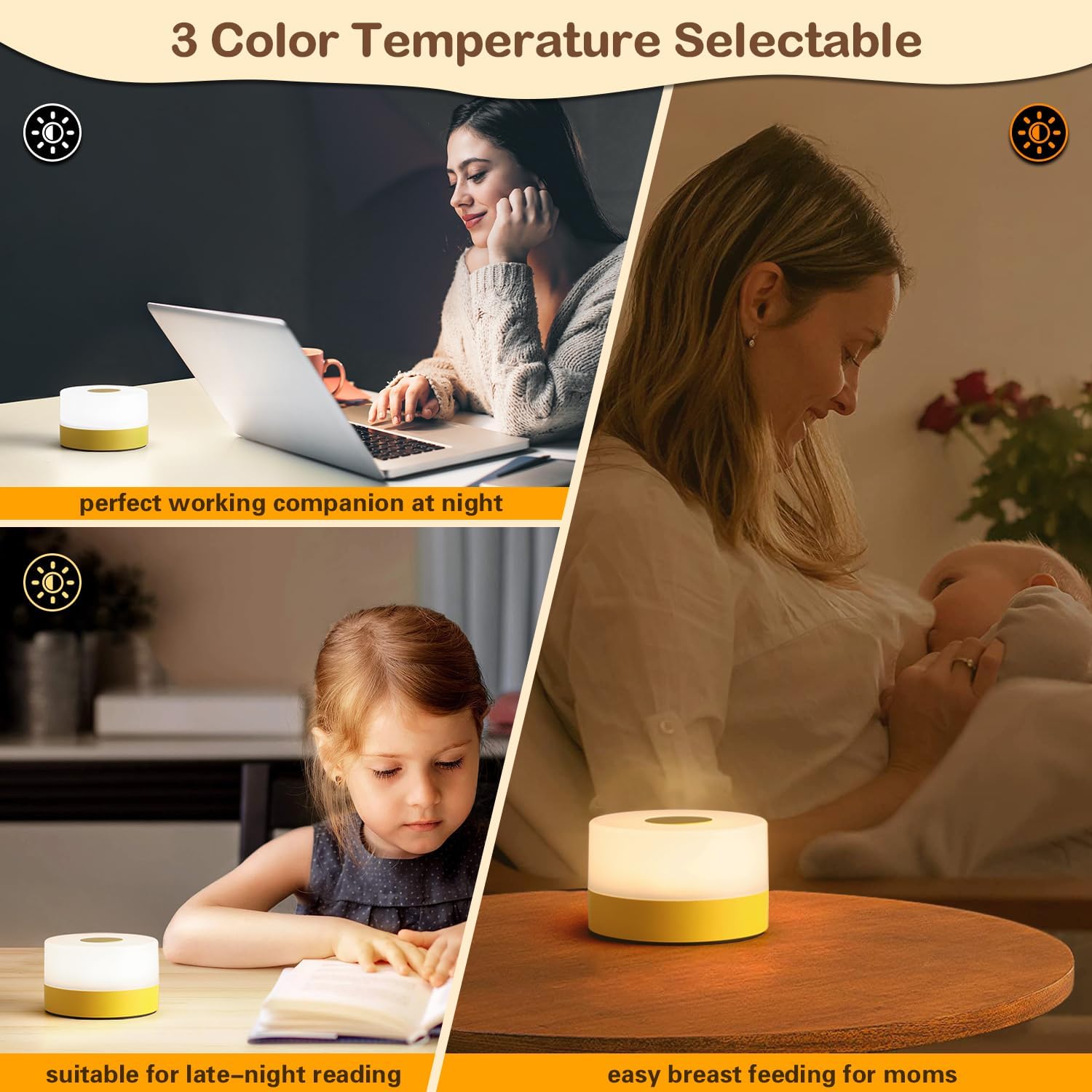 JUSHENG Night Light for Baby Nursery, USB Rechargeable Touch Lamp for Bedroom Nightstand with 3CCT & Dimming Function LED Battery…