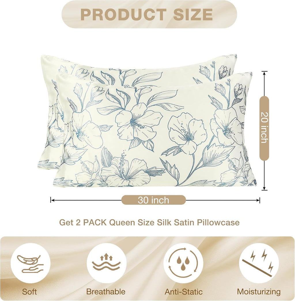 MANSPHIL Mulberry Silk Pillow Cases 2 Pack Queen Blue Floral - Reversible Cooling Satin Pillowcase for Hair and Skin Envelope Closure…