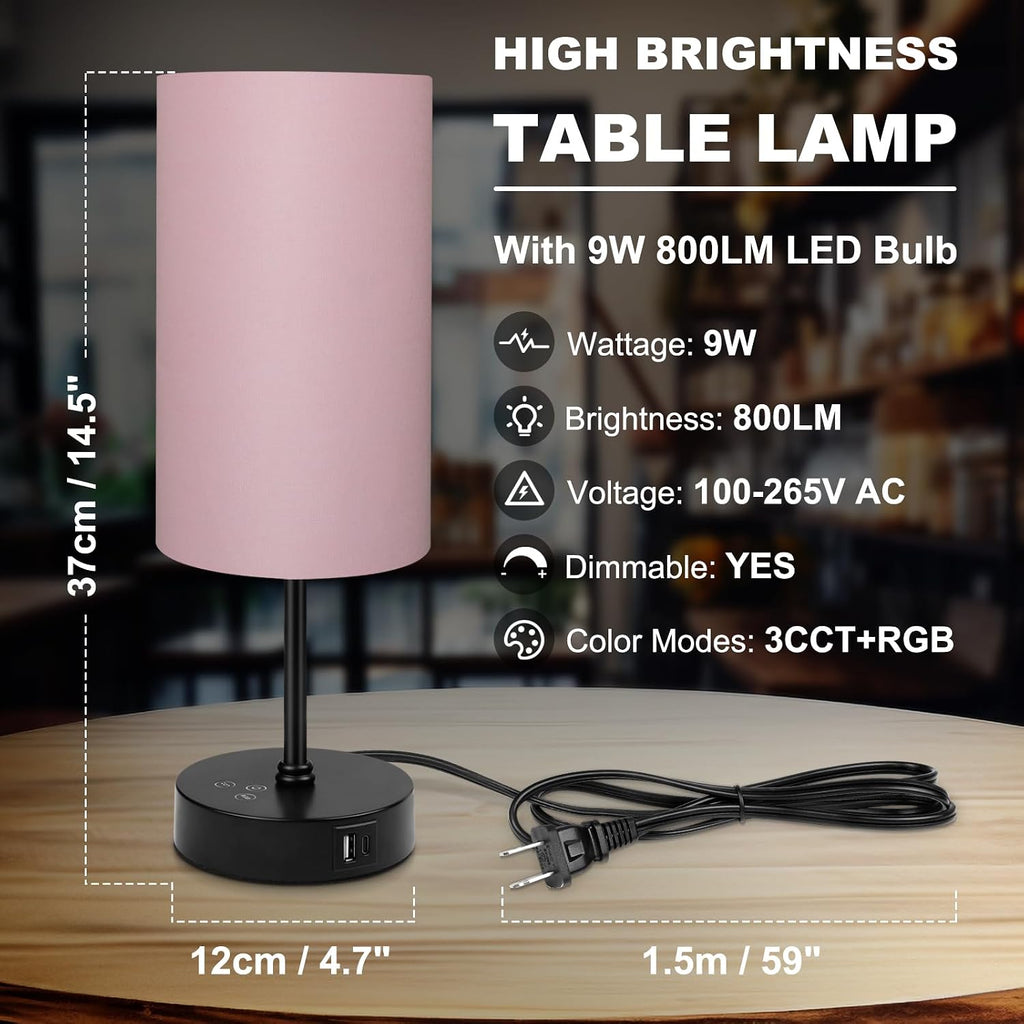 Unicozin Table Lamp for Bedroom, 3 Color Temperatures, 7 RGB Colors, Adjustable Brightness, Dual USB Charging Ports, Ambience Nightstand…