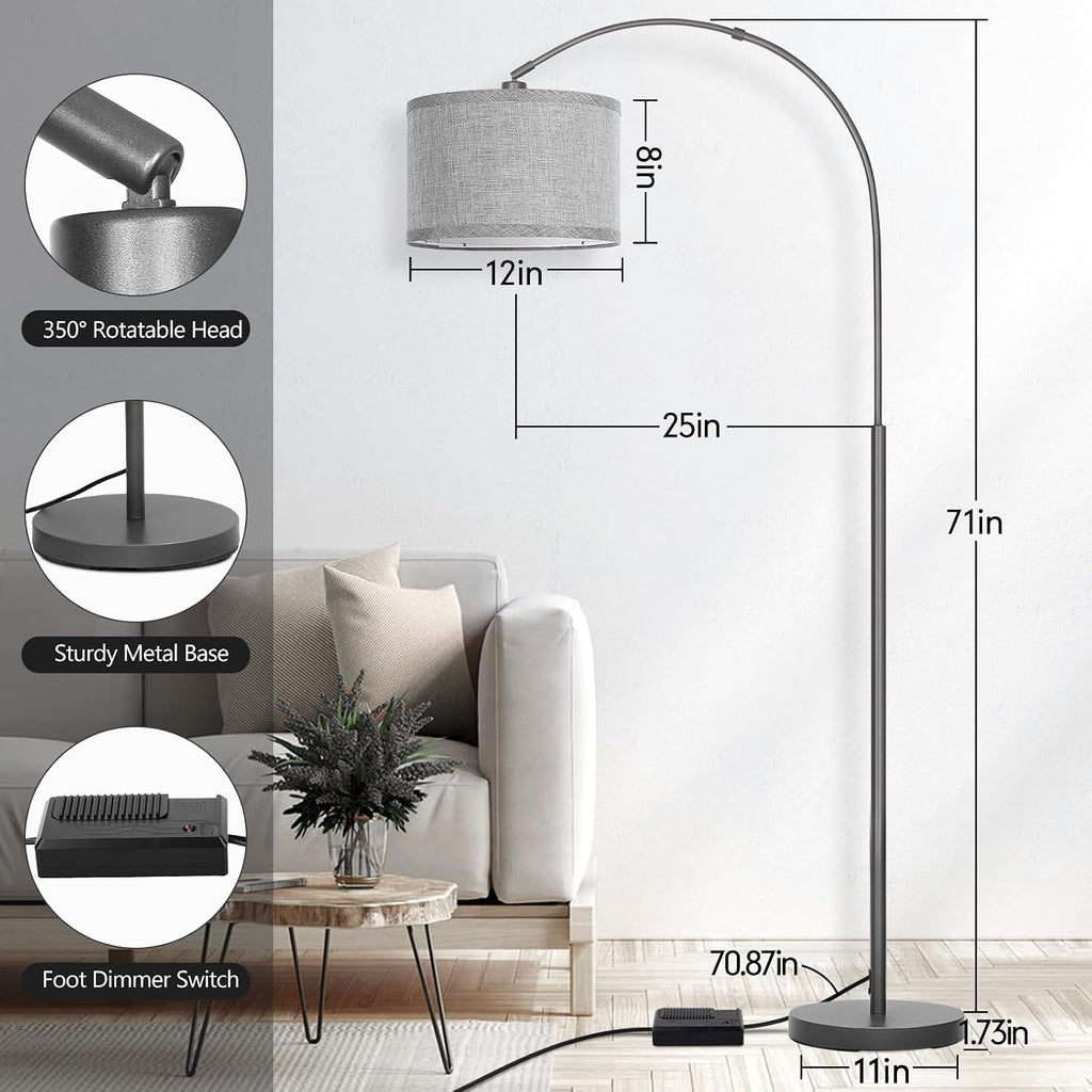 Arc Floor Lamp with Dimmer, Dimmable Floor Lamp for Living Room, Modern Standing Lamp with Gray Adjustable Hanging Shade, Tall Pole Lamp…
