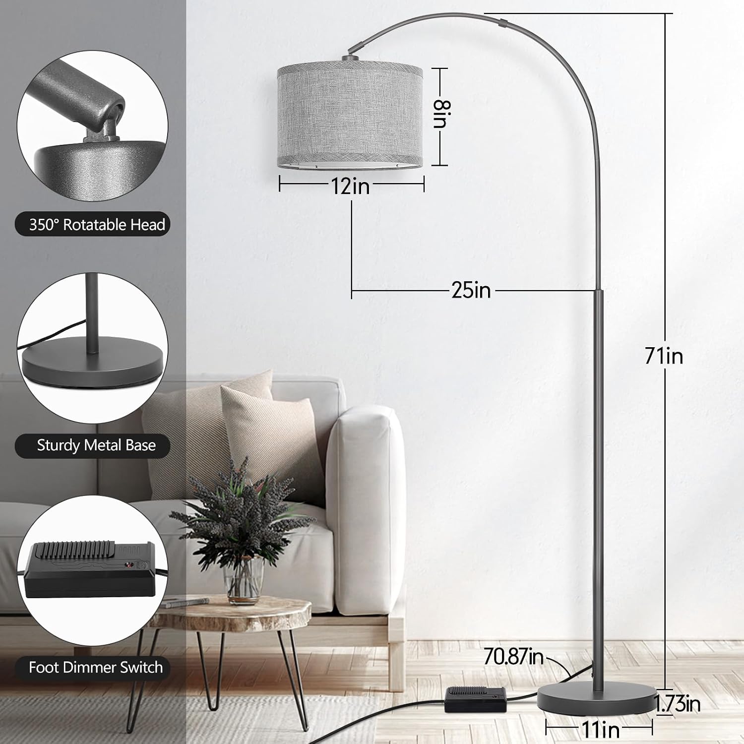 Arc Floor Lamp with Dimmer, Dimmable Floor Lamp for Living Room, Modern Standing Lamp with Gray Adjustable Hanging Shade, Tall Pole Lamp…